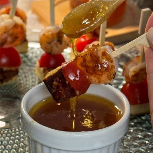 Espetinho de camarão com Geleia Sweet Chilli de Laranja